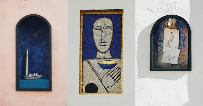 Da sin: Liliana Moro, «Polaris», 2024; centro: Mimmo Paladino, «Senza titolo», 2024; destra: Giovanni Lamorgese, «L’Addolorata», 2015 Foto Ilenia Tesoro