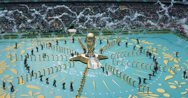 Artisti in campo durante la cerimonia di apertura, prima dell'inizio della partita di calcio del Gruppo A dei Mondiali tra Messico e Sudafrica a Città del Messico, giovedì 11 giugno 2026.  (AP Photo/Ricardo Mazalan)