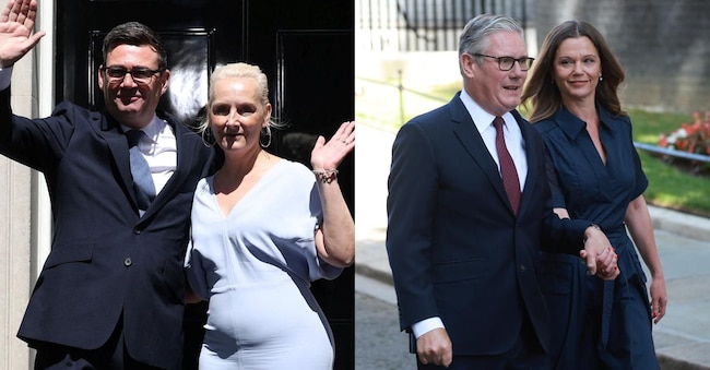 A sinistra: il neo-nominato primo ministro britannico Andy Burnham saluta con la mano davanti al numero 10 di Downing Street insieme alla moglie Marie-France van Heel dopo aver assunto l’incarico, a Londra, Gran Bretagna, il 20 luglio 2026. (REUTERS/Isabel Infantes).  A destra: il primo ministro uscente britannico Keir Starmer e sua moglie Victoria lasciano Downing Street diretti a Buckingham Palace, per presentare le dimissioni formali al re Carlo III, a Londra, Gran Bretagna, il 20 luglio 2026. Il nuovo leader laburista Andy Burnham è destinato a diventare il prossimo primo ministro del Regno Unito il 20 luglio, subentrando ufficialmente a Starmer. (EPA/Neil Hall) REUTERS e EPA