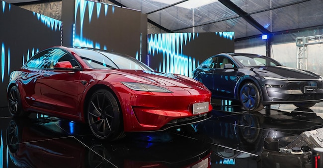 A Tesla Model 3 and a Tesla Model Y on display during the brand's presentation in Montevideo, Uruguay, 17 July 2026.  EPA/Hernan Ogallar EPA