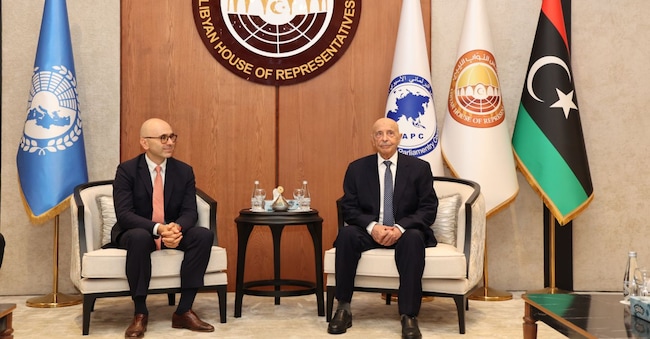 Il presidente dell’Assemblea Parlamentare del Mediterraneo, Giulio Centemero, e Aqila Saleh, speaker della Camera e presidenteConsiglio Parlamentare Afro-Asiatico