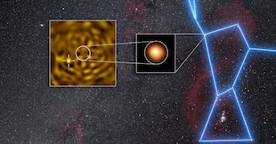 Nell’immagine a destra lo schema geometrico della costellazione, in blu, in centro l’immagine della stella Betelgeuse e infine a sinistra si vede l’immagine elaborata che contiene la stella compagna della principale.“ ESO/M. Montargès et al. Background: N. Rissinger (skysurvey.org)