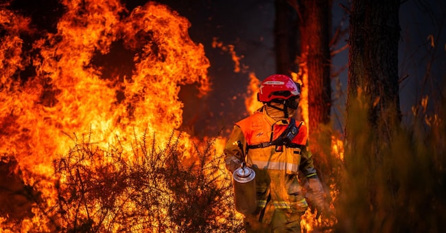 Un vigile del fuoco impegnato a circoscrivere un grave incendio boschivo nei pressi di Saumos, nel dipartimento della Gironda, in Francia, il 29 luglio 2026, EPA/MAEL DUBIEZ