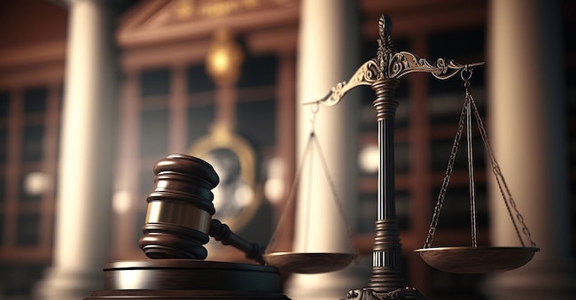 Judge gavel and Scales of Justice in the Court Hall created by generative AI