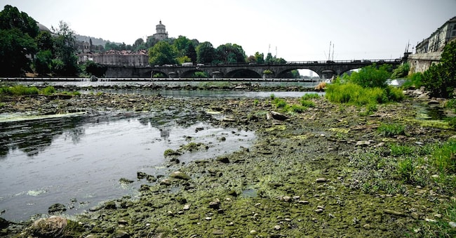 Il fiume Po in secca, all'altezza del ponte Vittorio, dove si sono formateidegli isolotti per la drastica diminuzione della portata dovuta alla prolungata siccità. Torino 30 luglio 2026 ANSA/TINO ROMANO --- The Po River is dry near Ponte Vittorio, where small islands have formed due to the drastic reduction in flow caused by the prolonged drought. Turin, July 30, 2026 ANSA/TINO ROMANO ANSA