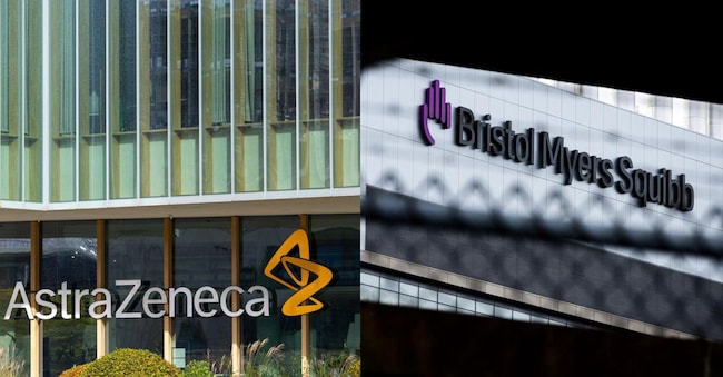 A sinistra: il logo di AstraZeneca Plc presso il Discovery Centre (DISC), il centro di ricerca e sviluppo situato nella sede centrale dell’azienda nel Cambridge Biomedical Campus a Cambridge, nel Regno Unito. (Fotografo: Jason Alden/Bloomberg) A destra: Il centro di ricerca e sviluppo di Bristol Myers Squibb a Cambridge Crossing, Cambridge, Massachusetts, Stati Uniti. (Fotografo: Adam Glanzman/Bloomberg) Bloomberg