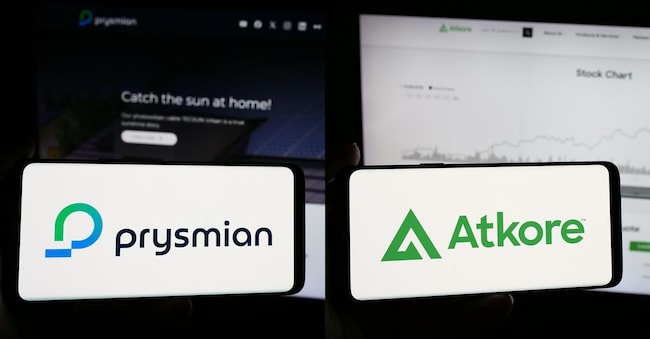 A sinistra: il logo dell’azienda italiana produttrice di cavi Prysmian S.p.A.  (Credit: Timon Schneider / Alamy Stock Photo). A destra: il logo dell’azienda elettrica statunitense Atkore Inc. (Timon Schneider / SOPA Images) via Reuters