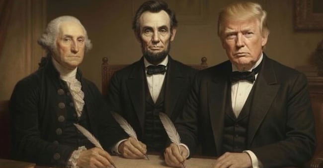 George Washington, Abraham Lincoln e... Donald Trump, nell’ennesimo meme generato dall’intelligenza artificiale condiviso dal presidente Usa sui social