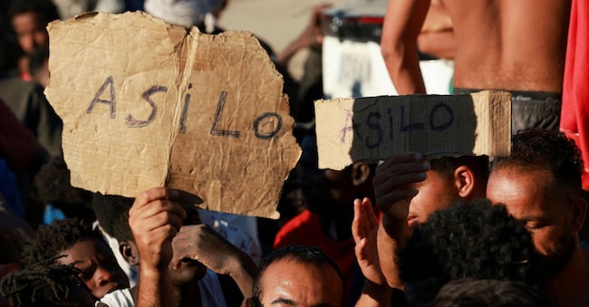 I migranti espongono cartelli con la scritta "asilo" in spagnolo mentre attendono in fila per ricevere cibo e bevande dalla Croce Rossa, a seguito degli attraversamenti di massa di migranti a piedi e via mare dal Marocco verso il territorio spagnolo, a Ceuta, in Spagna, il 3 agosto 2026. REUTERS/Violeta Santos Moura     IMMAGINI DEL GIORNO DI TPX REUTERS