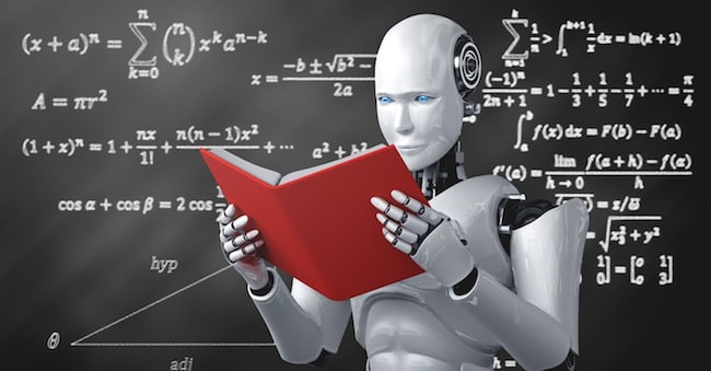3D illustration of robot humanoid reading book and solving math data analytics in concept of future mathematics artificial intelligence, data mining and 4th fourth industrial automation revolution .