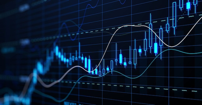 Perspective view of stock market growth, business investing and data concept with digital financial chart graphs, diagrams and indicators on dark blue blurry background. 3D rendering Who is Danny - stock.adobe.com