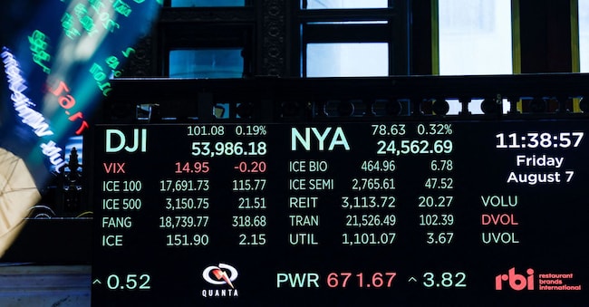 A screen displays stock market information after the opening bell at the New York Stock Exchange (NYSE) in New York City, U.S., August 7, 2026. REUTERS/Jeenah Moon REUTERS