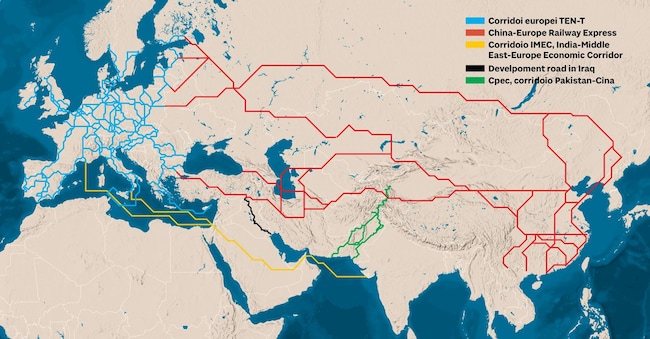 Nella mappa l’intersezione dei principali corridoi logistici legati a Europa, Cina, India e Medioriente