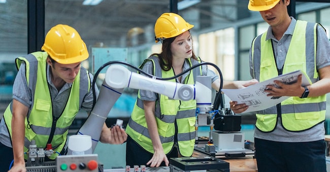 Durante una lezione pratica di programmazione dei sistemi robotici presso un Its accademy, gli allievi analizzano schemi tecnici e programmi e controllano un braccio robotico. L’accento è posto sull’esperienza pratica e sulle competenze. (Adobe Stock)