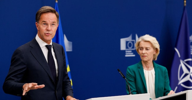La presidente della Commissione europea Ursula von der Leyen e il segretario generale della Nato Mark Rutte parlano degli attacchi ibridi russi a Lipsia REUTERS