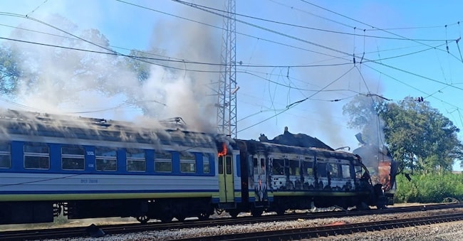 A passenger train burns following a Russian drone strike, amid Russia's attack on Ukraine, in Kharkiv region, Ukraine in this handout picture released September 9, 2026. Izium City-Military Administration/Handout via REUTERS ATTENTION EDITORS - THIS IMAGE HAS BEEN SUPPLIED BY A THIRD PARTY. MANDATORY CREDIT.      TPX IMAGES OF THE DAY via REUTERS
