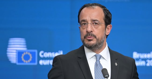 Nikos Christodoulidis, presidente della Repubblica di Cipro, durante un vertice dei capi di Stato e di governo dell'Unione europea  (Malin Wunderlich/dpa via Reuters Connect)