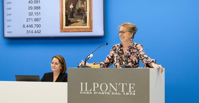 Il top lot “Nell’atelier dell’artista”  di Janis Rozentals, aggiudicato a 44.800 euro da Rossella Novarini, direttore generale de Il Ponte Courtesy Il Ponte Casa d’Aste