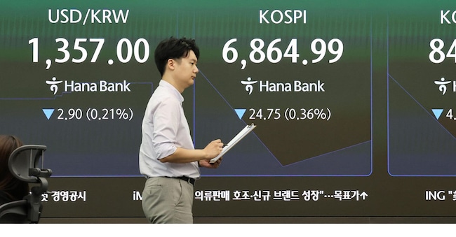 Uno schermo con dati finanziari nella sala operativa della Hana Bank a Seul, Corea del Sud, il 29 settembre 2026, mostra l’indice di riferimento Korea Composite Stock Price Index in calo dello 0,36% rispetto alla seduta precedente, con un minimo intraday di 6.864,99 nelle prime fasi di negoziazione. I titoli sudcoreani hanno aperto in ribasso, sulla scia delle perdite registrate a Wall Street, poiché l’aumento dei prezzi del petrolio ha alimentato i timori di inflazione e fatto salire i rendimenti dei titoli del Tesoro statunitense, in un contesto di tensioni in Medio Oriente.  EPA/YONHAP SOUTH KOREA OUT EPA