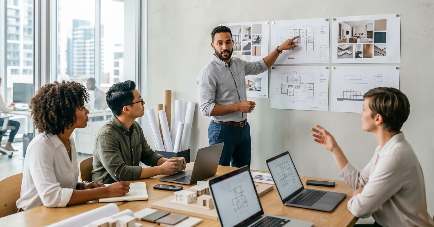 Diverse architectural team discussing building plans during a presentation in a bright, minimalist studio with copy space. Yusnizam Yusof - stock.adobe.com