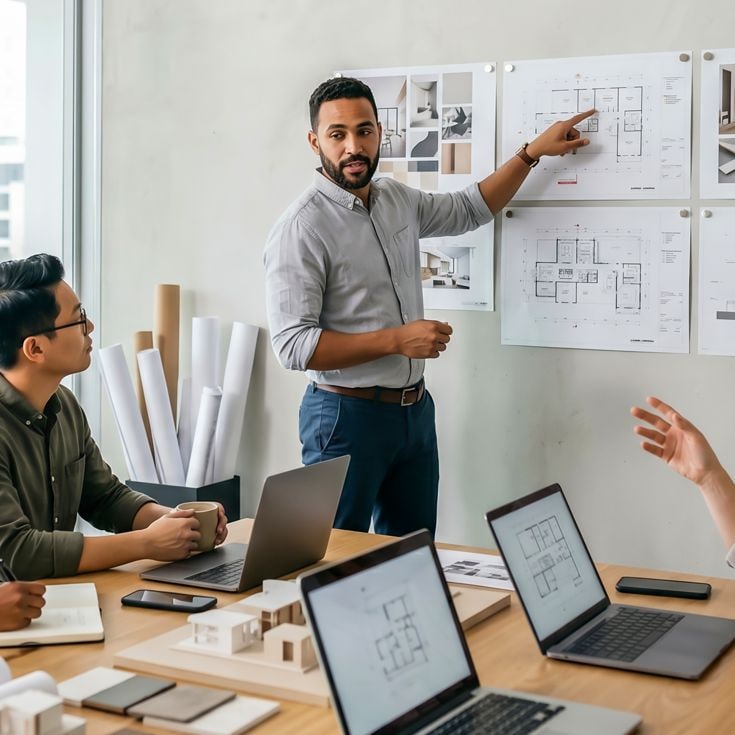 Diverse architectural team discussing building plans during a presentation in a bright, minimalist studio with copy space. Yusnizam Yusof - stock.adobe.com