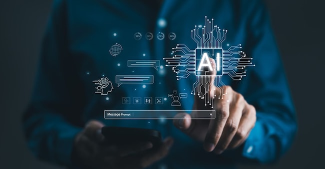 Chat with AI or Artificial Intelligence technology. Man touching chatting virtual with an intelligent artificial intelligence asks for the answers he wants. Smart assistant futuristic, Chatbot, Supatman - stock.adobe.com