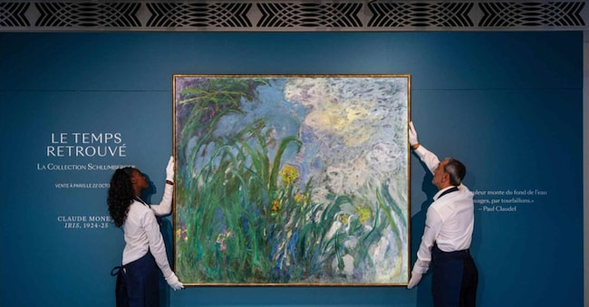 "Iris", un'opera monumentale dipinta da Claude Monet                  verso la fine della sua vita, è stata battuta all'asta a                  Parigi per 50 milioni di euro (commissioni incluse),                  diventando l'opera d'arte più costosa mai venduta all'asta in Francia. 22 ottobre 2026. Sotheby's  ANSA