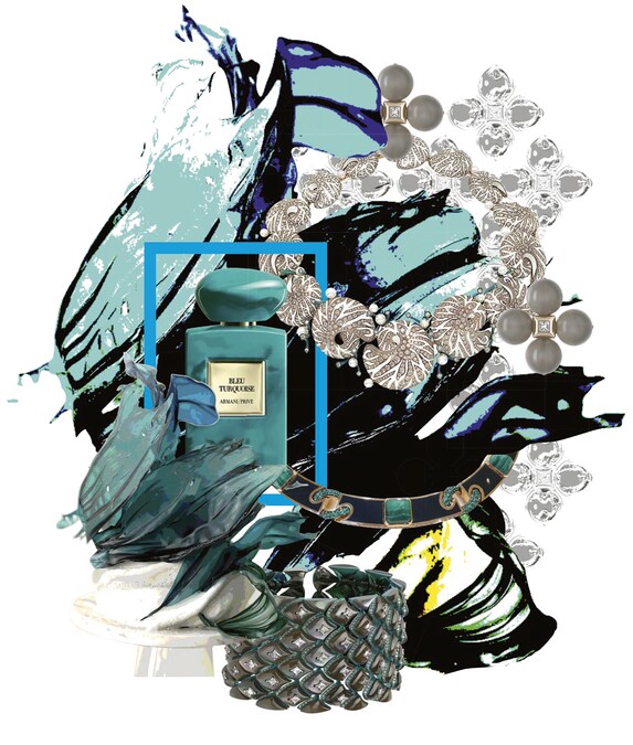 Da sinistra, in senso orario. Eau de Parfum Bleu Turquoise, ambrato e speziato, ARMANI PRIVé (305 €, 100 ml). Orecchini in pietra di luna con diamanti e dettagli in oro, collezione Gioia, GIORGIO ARMANI (3.900 €). Collana con conchiglie Nautilus e rami in titanio colorato, CHANTECLER (195.000 €). Collana Fortezza in oro rosa, porcellana nera, malachite, smeraldi e diamanti brown, collezione Ode a Milano, POMELLATO. Bracciale in titanio con madreperla fancy (25,41 ct), diamanti kite shaped (7 ct) e tondi (4,31 ct), CHOPARD. In basso a sinistra, una torta di Jasmine de Lung di JASMINE RAE CAKES ribattezzata “Koi”: il top è la riproduzione astratta di due carpe koi, un simbolo importante per la coppia che l’ha commissionata per il matrimonio, festeggiato in un museo d’arte, di cui la torta richiama i marmi. La designer di San Francisco ha impiegato 18 ore a ultimarla. Dove non indicato i prezzi sono su richiesta.