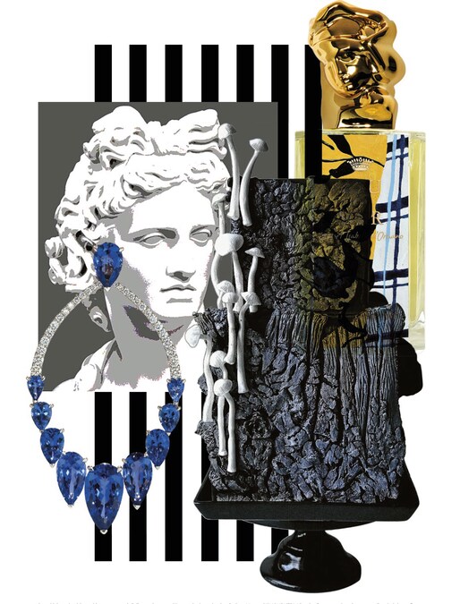 Orecchini pendenti, in oro bianco con pavé di diamanti e tanzaniti a goccia degradanti, collezione Marea, GISMONDI 1754. L’iconica fragranza chypré agrumata Eau du Soir con flacone in edizione limitata 2023, disegnato con la pittrice Ymane Chabi-Gara, SISLEY PARIS (246 €, 100 ml). Sulla destra, una creazione di Albena Petrova, cake designer bulgara attiva in Canada. è stata realizzata per il compleanno di un appassionato di hiking. L’ispirazione viene dalla corteccia, che è qui riproposta grazie a una minuziosa lavorazione dello zucchero che ne mima le imperfezioni e i dettagli. Tre giorni per prepararla: la base è una torta di carote con crema di formaggio piccante, noci e uvetta, con un mix aromatico di spezie.