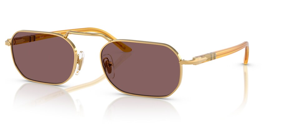 Persol. Montatura in metallo sottile con palette in oro, argento e nero semilucido, aste in acetato havana e lenti colorate a contrasto