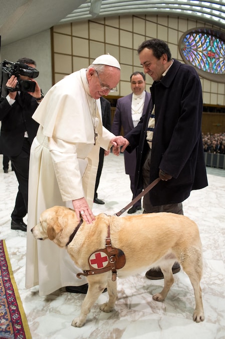 Questa immagine pubblicata dalla Sala Stampa Vaticana il 16 marzo 2013 mostra Papa Francesco (a sinistra) che saluta un membro dei media durante un’udienza nell’Aula Paolo VI. Lo stesso giorno Papa Francesco ha invocato “una Chiesa povera per i poveri”, rivolgendosi sabato a migliaia di giornalisti di tutto il mondo, affermando di aver scelto il suo nome papale perché San Francesco d’Assisi ha evitato le ricchezze per aiutare gli indigenti.. (Photo by OSSERVATORE ROMANO / AFP) (AFP)
