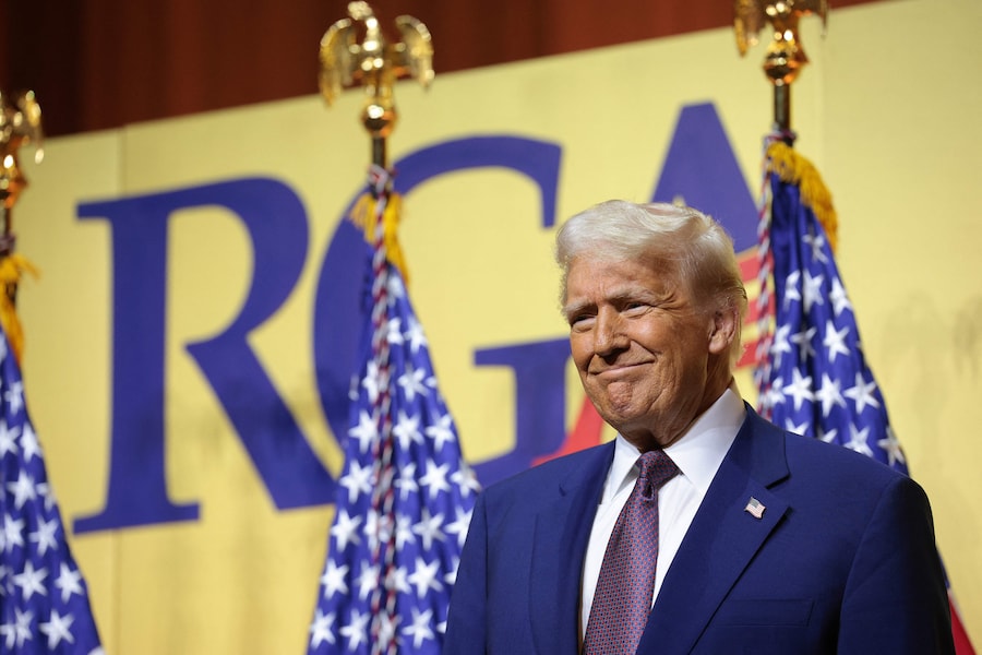 Il presidente degli Stati Uniti Donald Trump pronuncia un discorso alla riunione della Republican Governors Association presso il National Building Museum il 20 febbraio 2025 a Washington, DC. Trump ha discusso la sua agenda legislativa. (Getty Images via AFP)