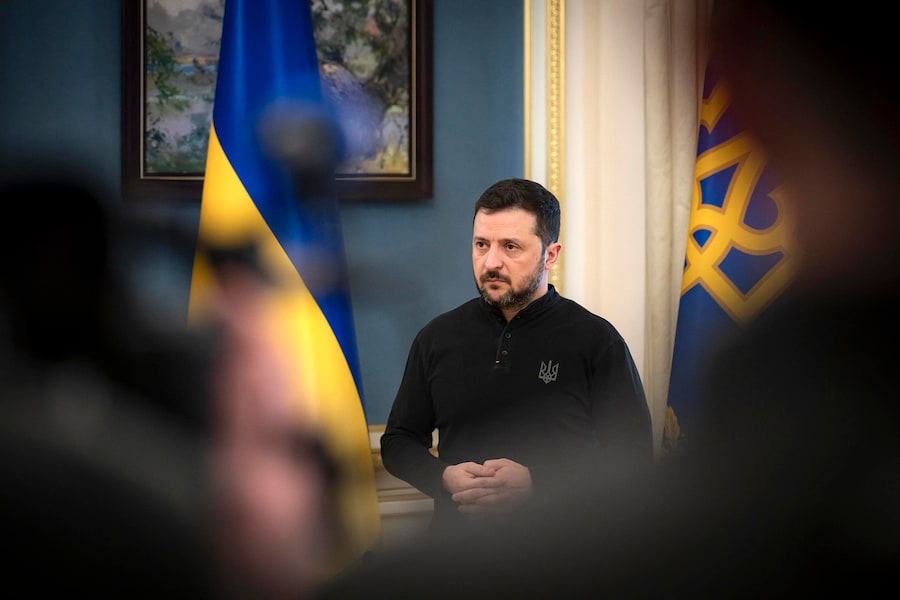 Il presidente ucraino Volodymyr Zelenskyj mentre tiene una conferenza stampa a Kiev, Ucraina, il 19 febbraio 2025. (EPA)