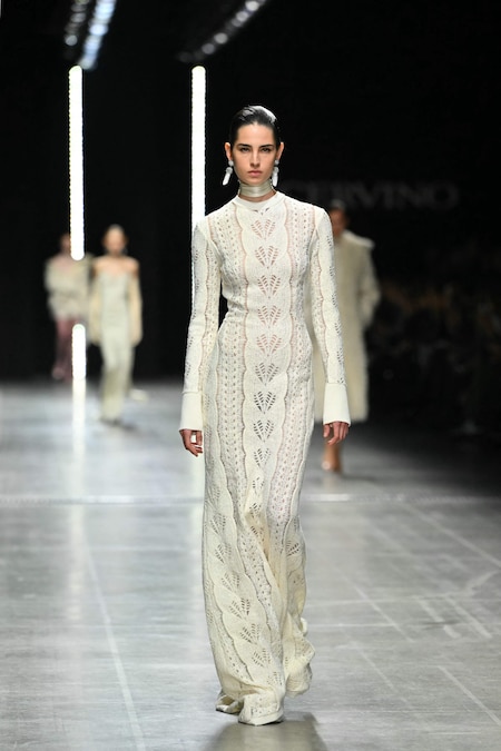 A model presents a creation by Ermanno Scervino during a fashion show as part of the Womenswear Autumn-Winter 2025 Milan Fashion Week in Milan on March 1, 2025. (Photo by Andreas SOLARO / AFP) (AFP)