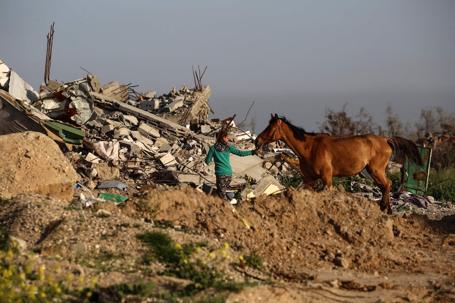 Una ragazza palestinese guida un cavallo vicino a un edificio distrutto nel campo profughi di Nuseirat. (AFP)