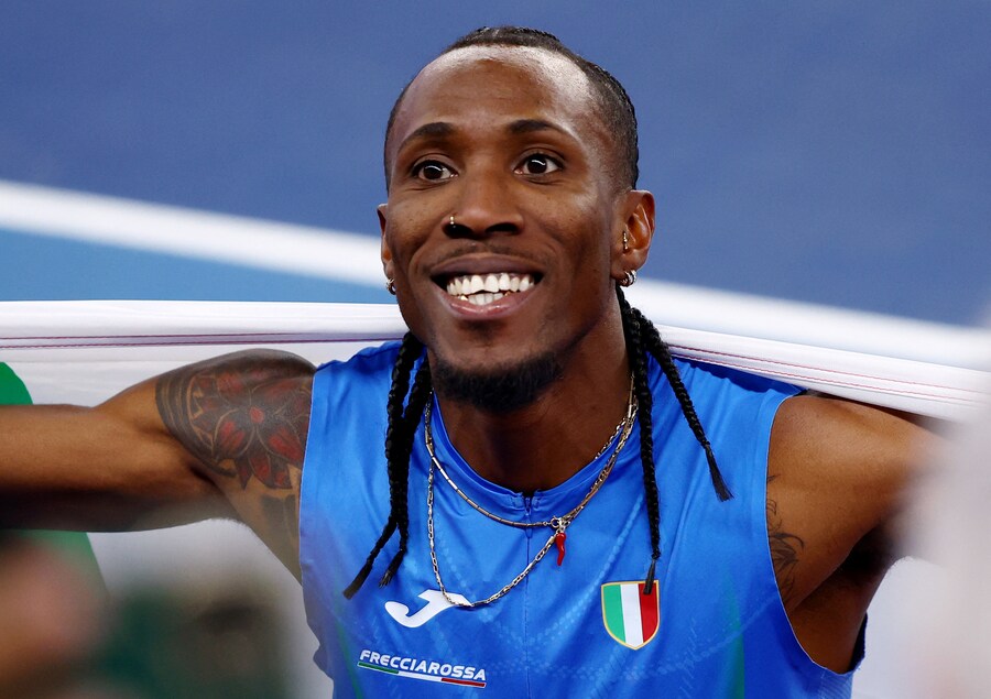 Campionati mondiali di atletica indoor - Nanjing Youth Olympic Sports Park, Nanjing, Cina - 21 marzo 2025 L’italiano Andy Diaz Hernandez reagisce dopo aver vinto l’oro nel salto triplo maschile (REUTERS/Issei Kato) (REUTERS)