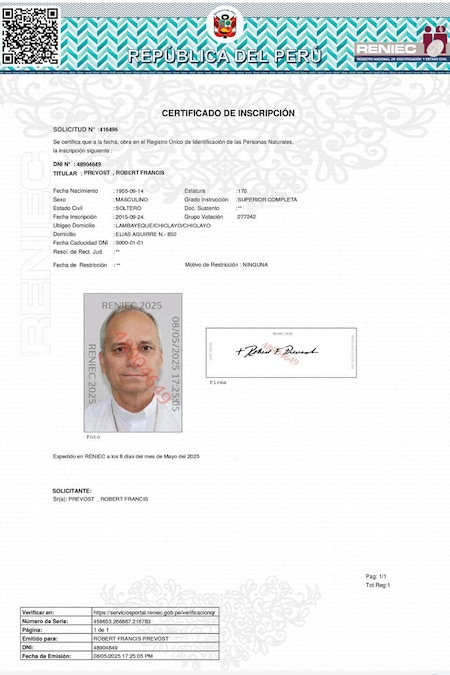 Copia del registro di Robert Prevost, eletto papa e che scelse il nome di Leone XIV, scaricato dal Registro Nazionale di Identificazione e Stato Civile del Perù, giovedì 8 maggio 2025. (National Registry of Identification and Civil Status via AP) (APN)
