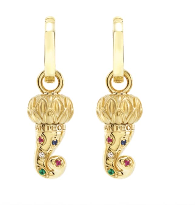 Chantecler. Orecchini Corno piccoli in oro giallo 9Kt, diamanti, zaffiri, smeraldi e rubini