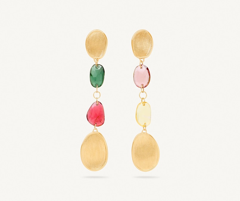 Marco Bicego. Pendenti in oro con gocce di tormaline a colori diversi, collezione Lunaria