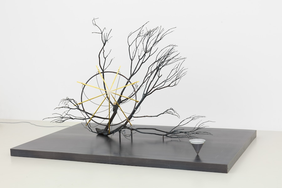 Das Rad der Zeit (La ruota del tempo – The Wheel of Time), 2016 Rami fusi in bronzo, acciaio, ottone, motore, dispositivo elettronico, vetro, tunnel, specchio / Branches cast in bronze, steel, brass, motor, electronic device, glass, tunnel, mirror 184 x 300 x 200 cm, piedistallo / pedestal 11 x 300 x 200 cm Moontower Foundation, Bad König, Germany Deposito permanente / On permanent loan to the Museum Wiesbaden, Germany (Foto / Photo Gunter Lepkowski)
