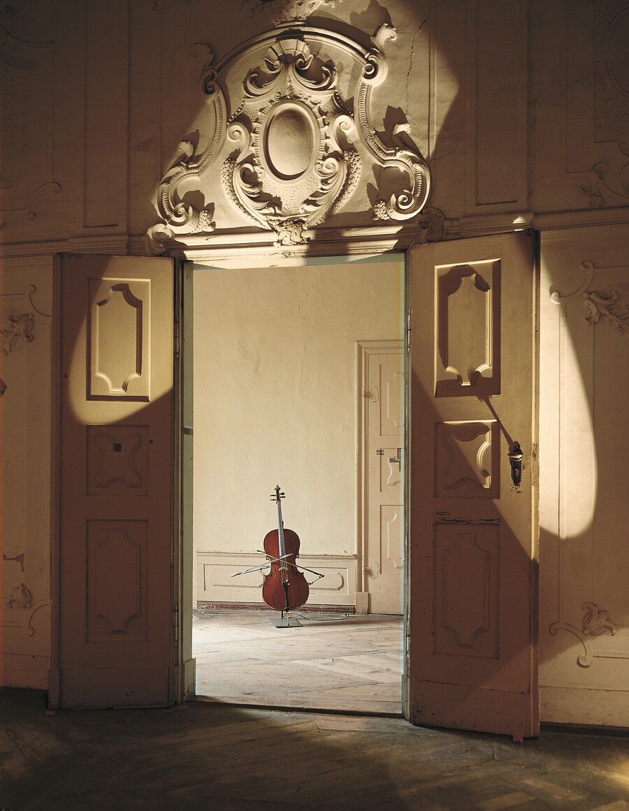 Cello (1) (Violoncello), 1999 Violoncello, motore, acciaio, dispositivo elettronico / Cello, motor, steel, electronic device 132 x 111 x 90 cm (132 x 71-111 x 78-90 cm) Courtesy Moontower Foundation, Bad König, Germany Deposito permanente / On permanent loan to the Museum Wiesbaden, Germany Foto / Photo Attilio Maranzano (Rebecca Horn, by SIAE 2025)