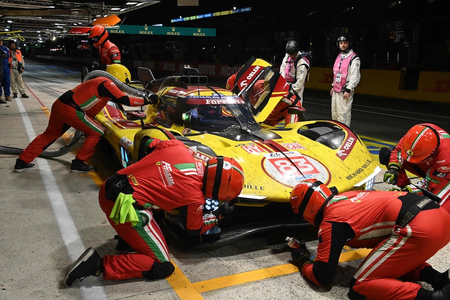 Ferrari AF Corse Thor Team's hypercar #83 Poland driver Robert Kubica refuels in his pit during the 2025 Le Mans 24 hour endurance race, at the Le Mans circuit, in northwestern France, on June 15, 2025. (Photo by JEAN-FRANCOIS MONIER / AFP) (AFP)