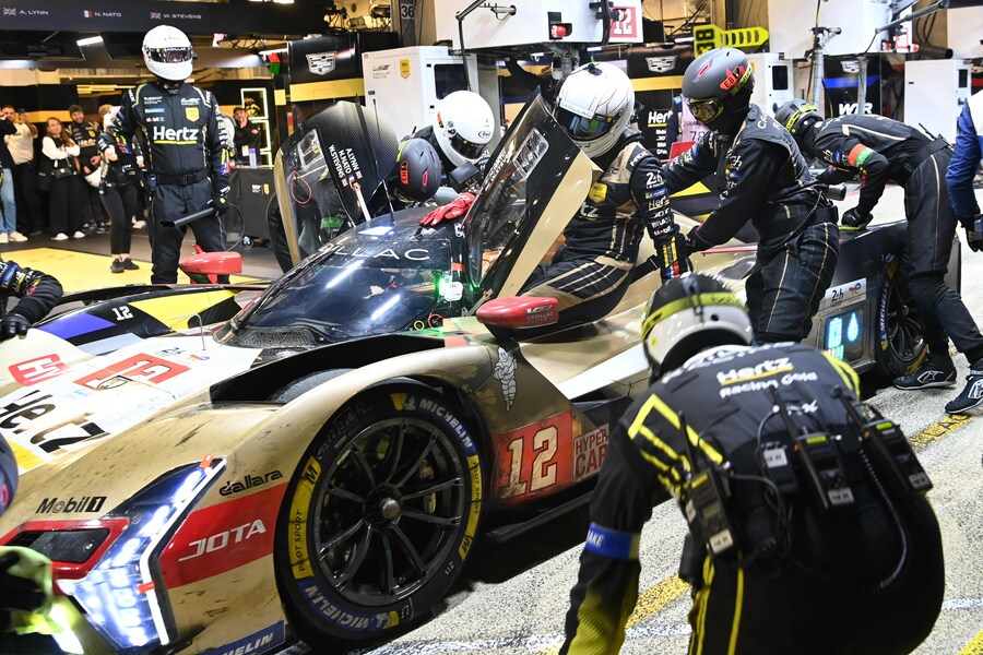 Cadillac Hertz Team Jota's British driver #12 Alex Lyn takes a relay during the 2025 Le Mans 24 hour endurance race, at the Le Mans circuit, in northwestern France, on June 15, 2025. (Photo by JEAN-FRANCOIS MONIER / AFP) (AFP)