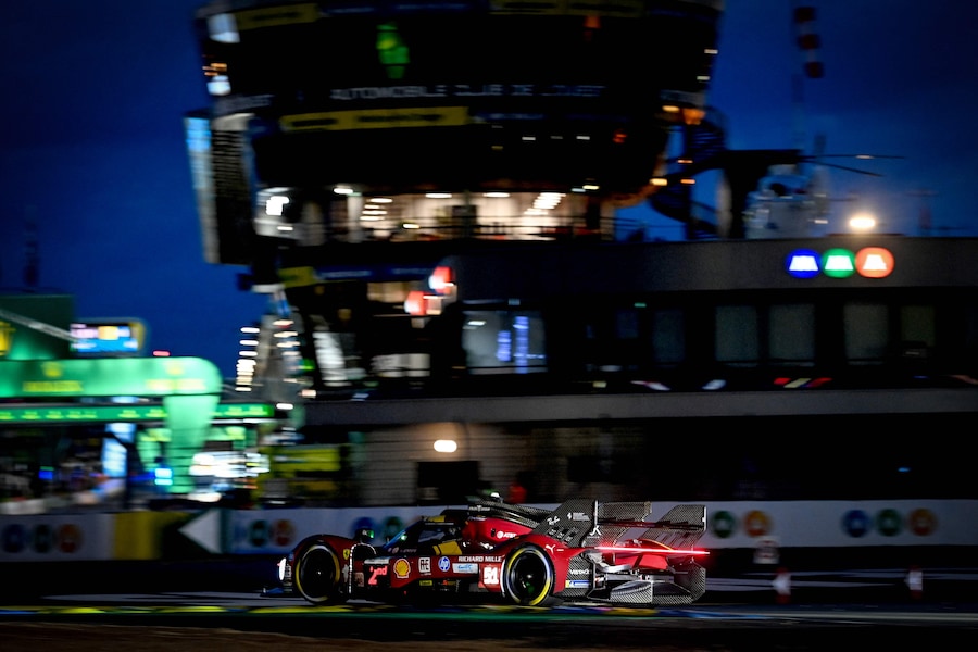 Ferrari AF Corse Thor Team's hypercar #51 Italian driver Antonio Gioninazzi competes in the 24 Hours of Le Mans 2025, at the Le Mans circuit, north-western France, on June 15, 2025. (Photo by JEAN-FRANCOIS MONIER / AFP) (AFP)
