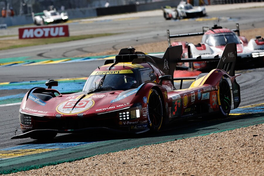 Ferrari AF Corse car, (starting no. 50) a Ferrari 499P with Antonio Fuoco of Italy, Miguel Molina of Spain and Nicklas Nielsen of Denmark, races during the 24-hour Le Mans endurance race, Sunday June 15, 2025 in Le Mans, western France. (AP Photo/Jeremias Gonzalez) Associated Press/LaPresse (APS)