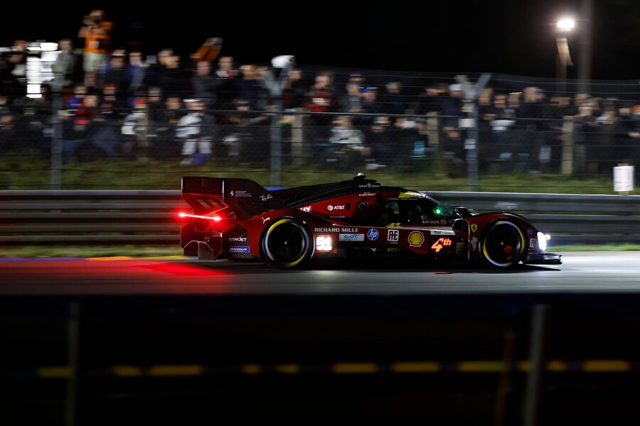 Ferrari AF Corse car (no. 51) a Ferrari 499P with Alessandro Pier Guidi of Italy, James Calado of Great Britain and Antonio Giovinazzi of Italy races during the 24-hour Le Mans endurance race, Saturday June 14, 2025 in Le Mans, western France. (AP Photo/Jeremias Gonzalez) Associated Press/LaPresse (APS)
