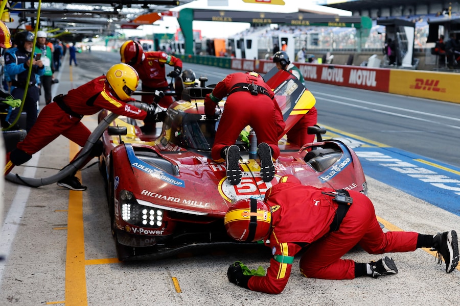 The car number 51 Ferrari AF Corse car a Ferrari 499P with Alessandro Pier Guidi of Italy, James Calado of Great Britain and Antonio Giovinazzi of Italy, makes a pit stop during the 24-hour Le Mans endurance race, Sunday June 15, 2025 in Le Mans, western France. (AP Photo/Jeremias Gonzalez) Associated Press/LaPresse (APS)