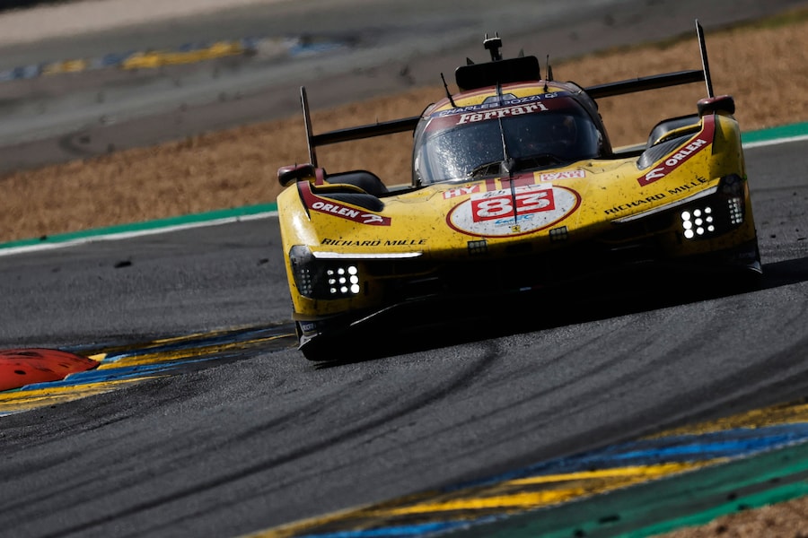 AF Corse car (starting no. 83) a Ferrari 499P with Robert Kubica of Poland, Yifei Ye of China and Phil Hanson of Great Britain takes a curve during the 24-hour Le Mans endurance race, Sunday June 15, 2025 in Le Mans, western France. (AP Photo/Jeremias Gonzalez) Associated Press/LaPresse (APS)