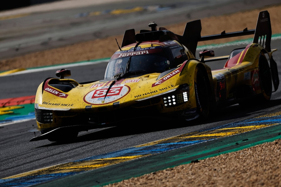 AF Corse car (starting no. 83) a Ferrari 499P with Robert Kubica of Poland, Yifei Ye of China and Phil Hanson of Great Britain takes a curve during the 24-hour Le Mans endurance race, Sunday June 15, 2025 in Le Mans, western France. (AP Photo/Jeremias Gonzalez) Associated Press/LaPresse (APS)