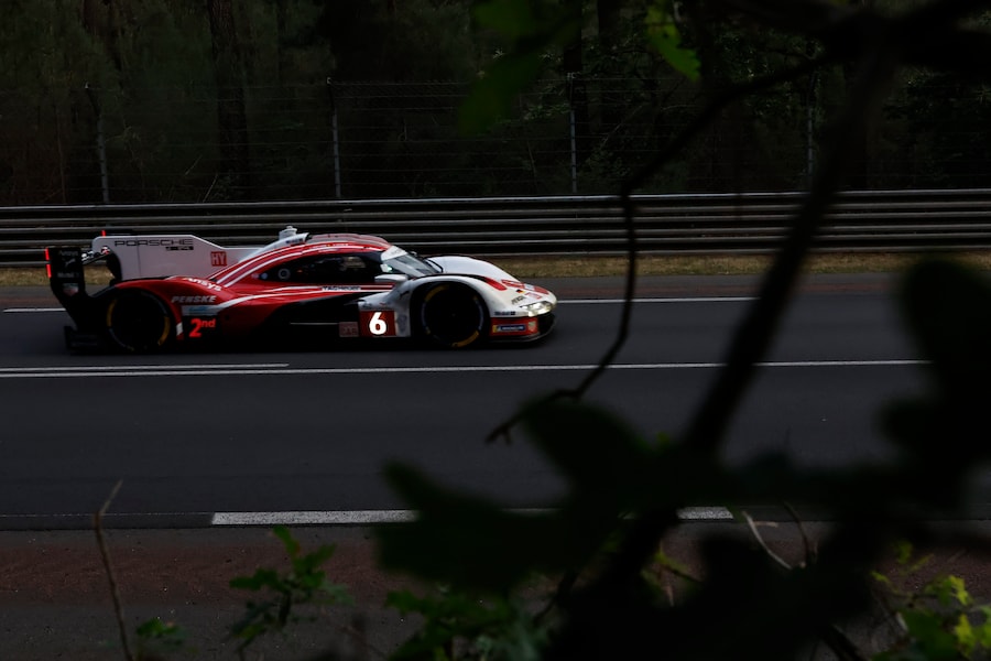 Porsche Penske Motorsport car (No. 6) a Porsche 963 with Kevin Estre of France, Laurens Vanthoor of Belgium and Matt Campbell of Australia races during the 24-hour Le Mans endurance race, Saturday June 14, 2025 in Le Mans, western France. (AP Photo/Jeremias Gonzalez) Associated Press/LaPresse (APS)
